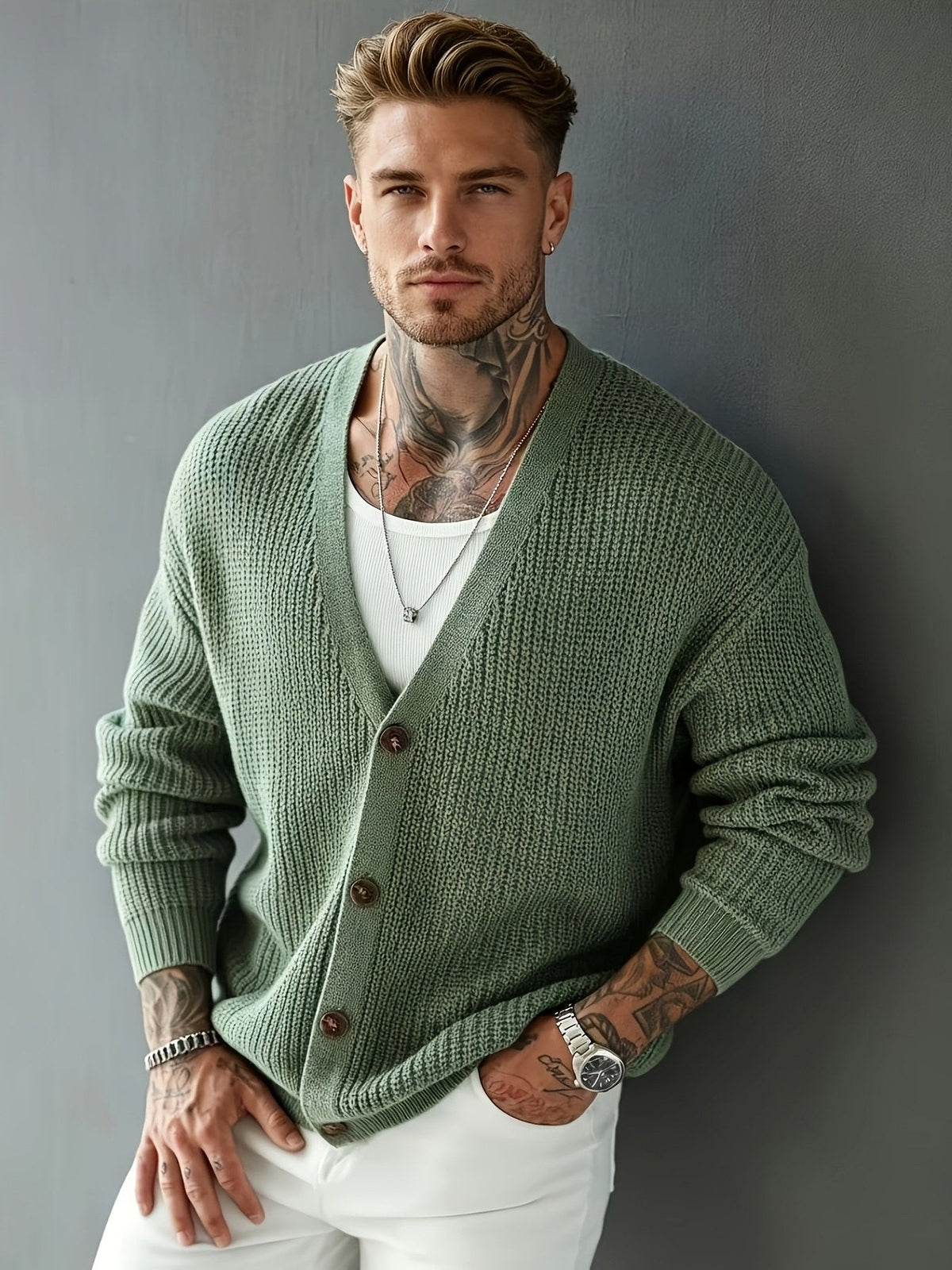 Damen-Strickjacke mit gerippter Struktur und V-Ausschnitt