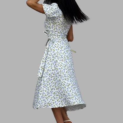 Sommerkleid Für Damen, Midi-Länge, Geblümt, V-Ausschnitt, Puffärmel, Hoher Bund