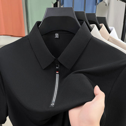 Herren Sommer Eisseide Halbreißverschluss Kurzarm Slim Fit Business Polohemd Stretch Unifarben