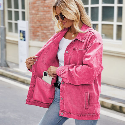 Women's jacket made of washed denim blend with long sleeves and a relaxed fit