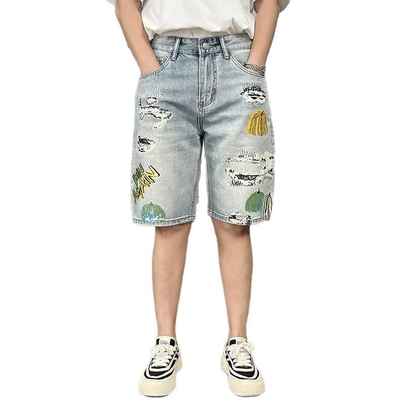 Herren Sommer Cropped Shorts, Helle Waschung, Used-Look, Risse, Lockere Passform