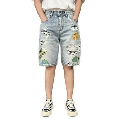 Herren Sommer Cropped Shorts, Helle Waschung, Used-Look, Risse, Lockere Passform
