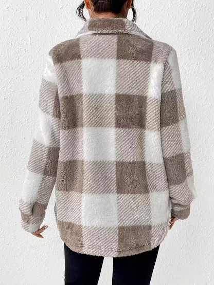 Damen Fleece Cardigan Karomuster Knopfleiste Lockerer Schnitt Langarm – Herbst und Alltag