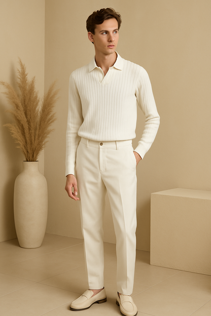 Men's Long-Sleeve Polo Shirt – Ribbed Texture with Open Collar in Cream