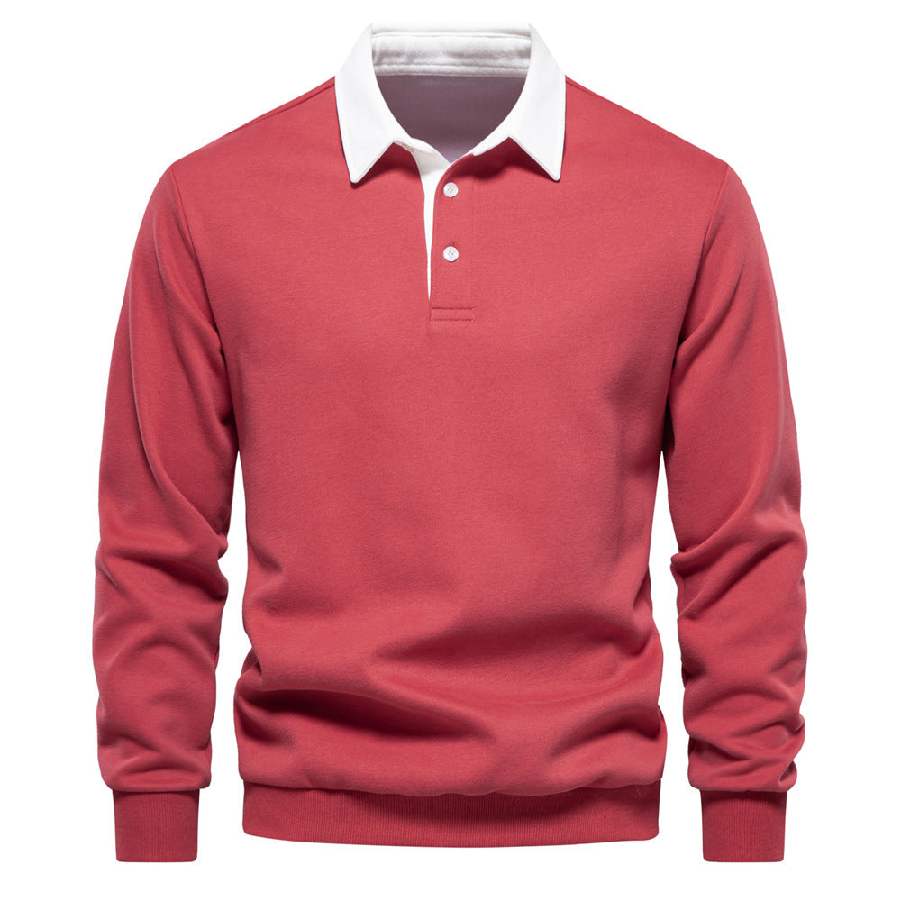 Roter Herrenpullover mit weißem Kragen, Langarm, klassisches Design, ideal für Freizeitmode und elegante Anlässe. Hochwertige Baumwolle.