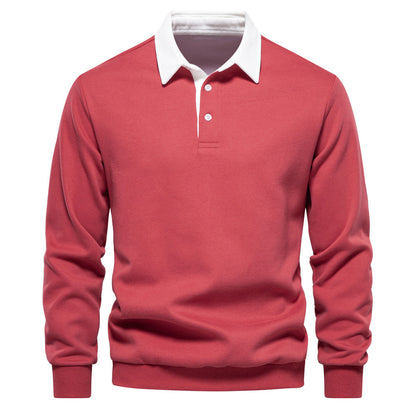 Roter Herrenpullover mit weißem Kragen, Langarm, klassisches Design, ideal für Freizeitmode und elegante Anlässe. Hochwertige Baumwolle.