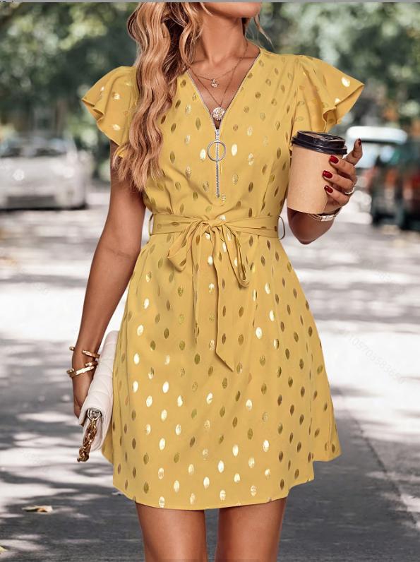 Sommerkleid Für Damen, Midi-Länge, Gepunktet, Hoher Bund, A-Linie, Lange Ärmel
