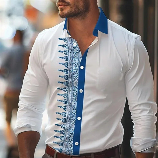 Herren Langarmhemd Digitaldruck Blumenmuster Gerader Schnitt – Baumwoll-Mischung