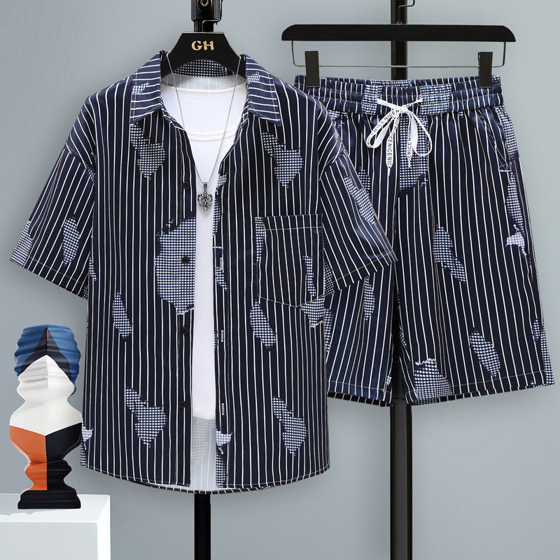 Men's Summer Sport Short-Sleeve Two-Piece Set Straight-Cut Shorts Matching Outfit