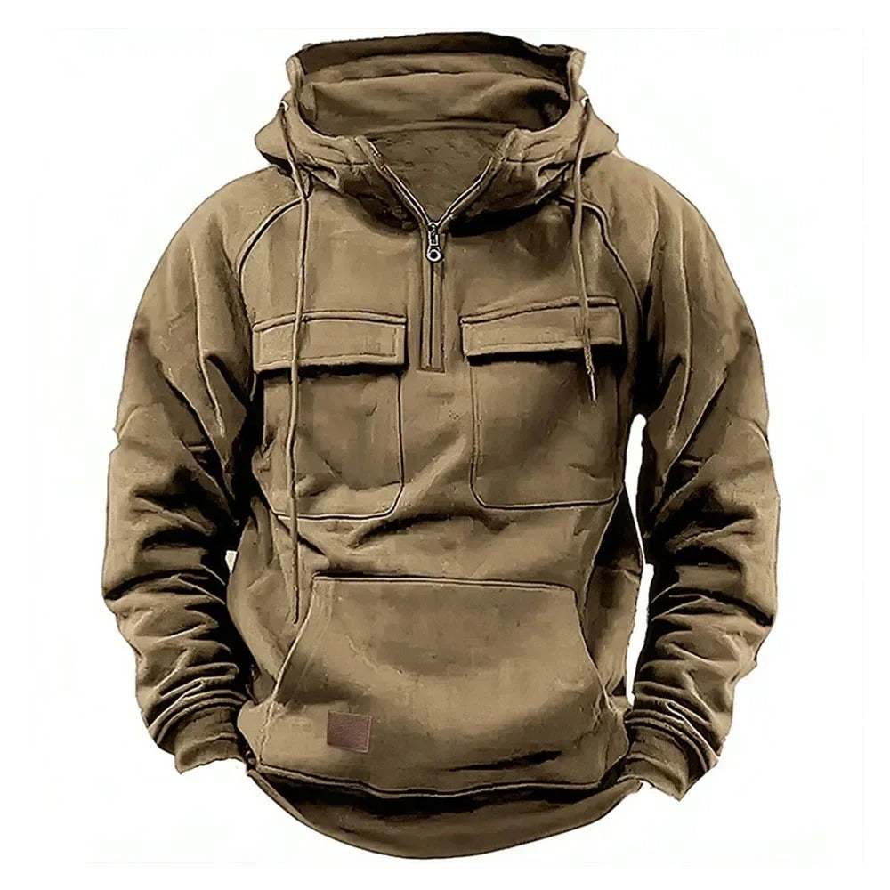 Brauner Herren-Hoodie mit Kapuze, Reißverschluss und Kängurutasche. Bequeme Freizeitmode, ideal für Herbst und Winter.