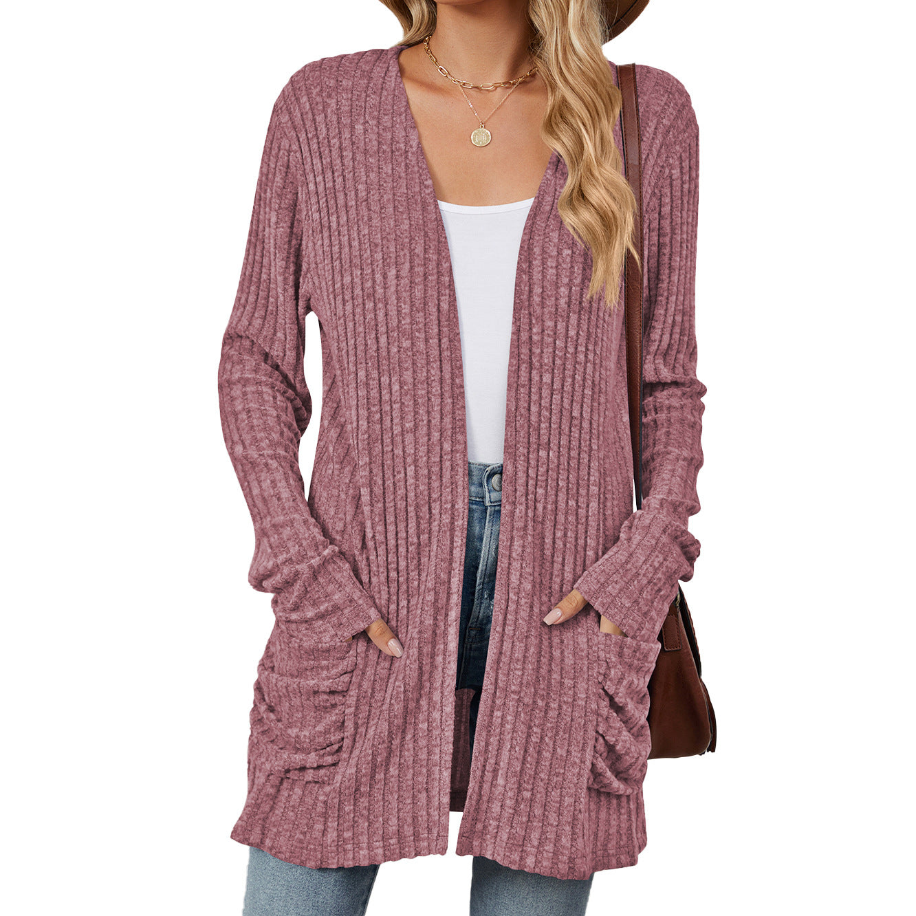 Women's knitted jacket with long sleeves, plain, with pockets