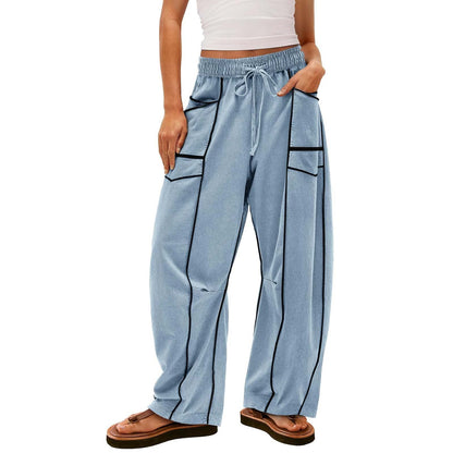 Women's Wide Pants with Drawstring, Striped Design and Side Pockets