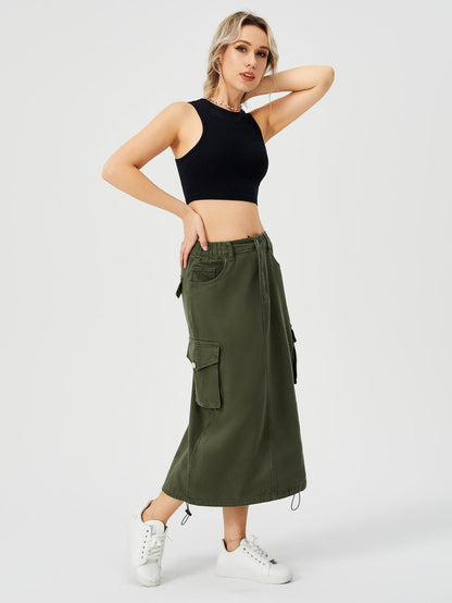 Damen Cargo-Midirock mit hohem Bund, Frontschlitz und mehreren Taschen