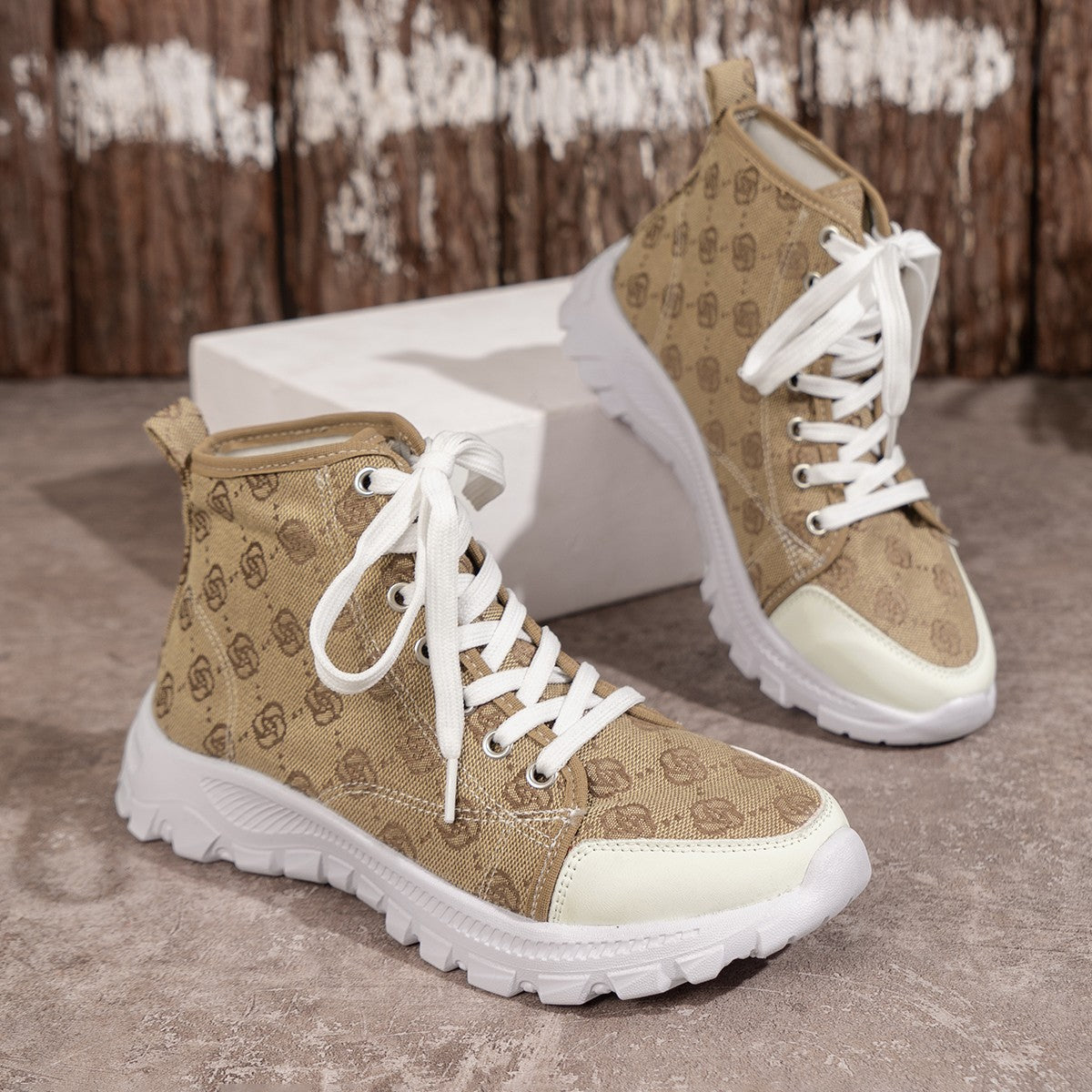 Damen Schnür Kurzstiefel mit runder Spitze und Rosenprint – Canvas Style