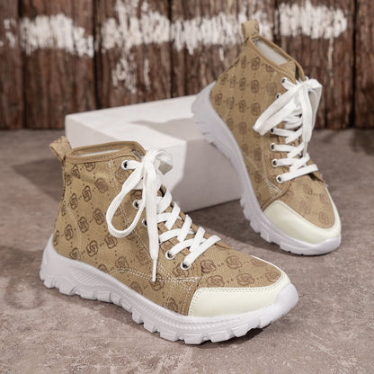 Damen Schnür Kurzstiefel mit runder Spitze und Rosenprint – Canvas Style