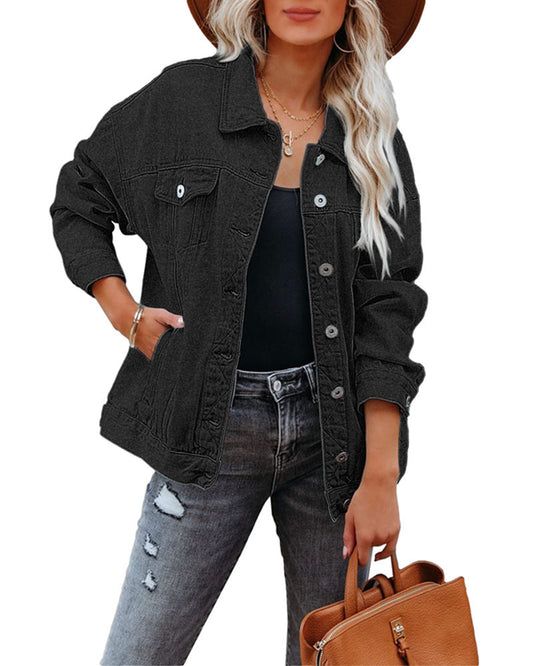 Damen Kurzjacke mit Schalkragen und Oversized-Passform – Denim-Mix Stil