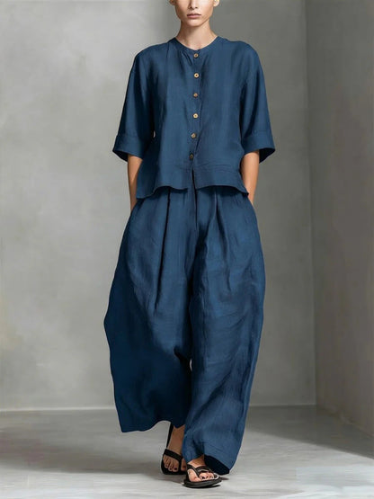 Zweiteiliges Set Aus Damenbluse Im Leinenstil Aus Baumwollmischgewebe Und Locker Sitzender Langer Hose