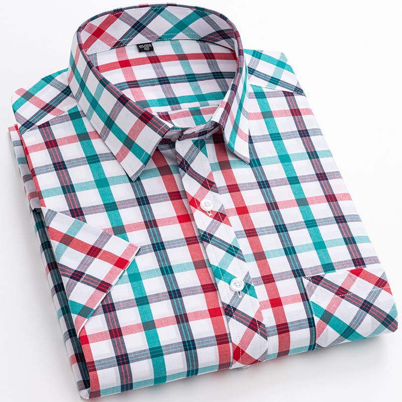 Men's Short-Sleeve Shirt with Check Pattern and Button Placket – Cotton Blend