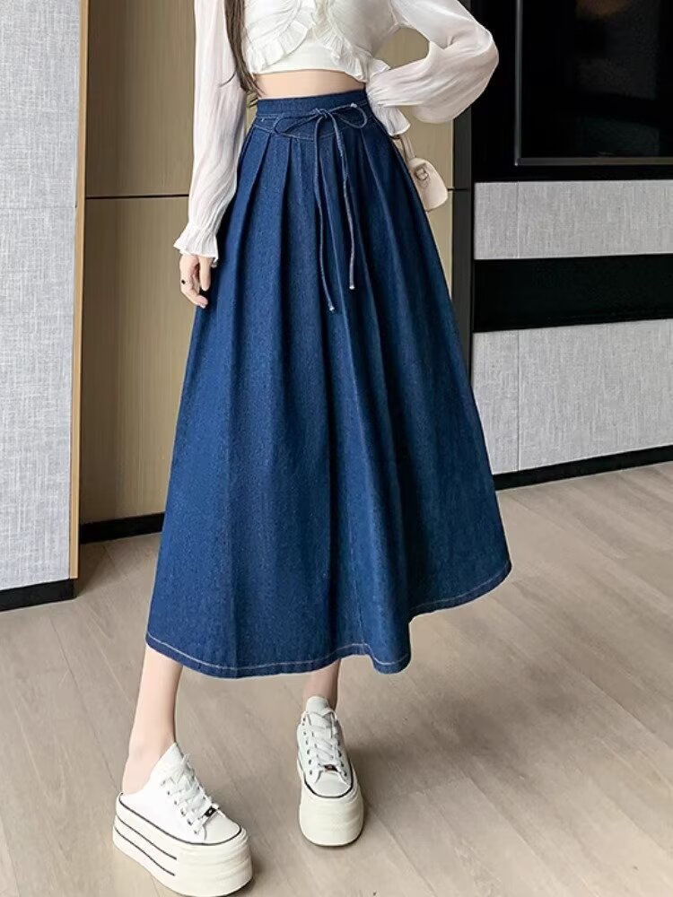 Damen-Midirock mit hohem Bund und Falten in A-Linie – Eleganter Stil