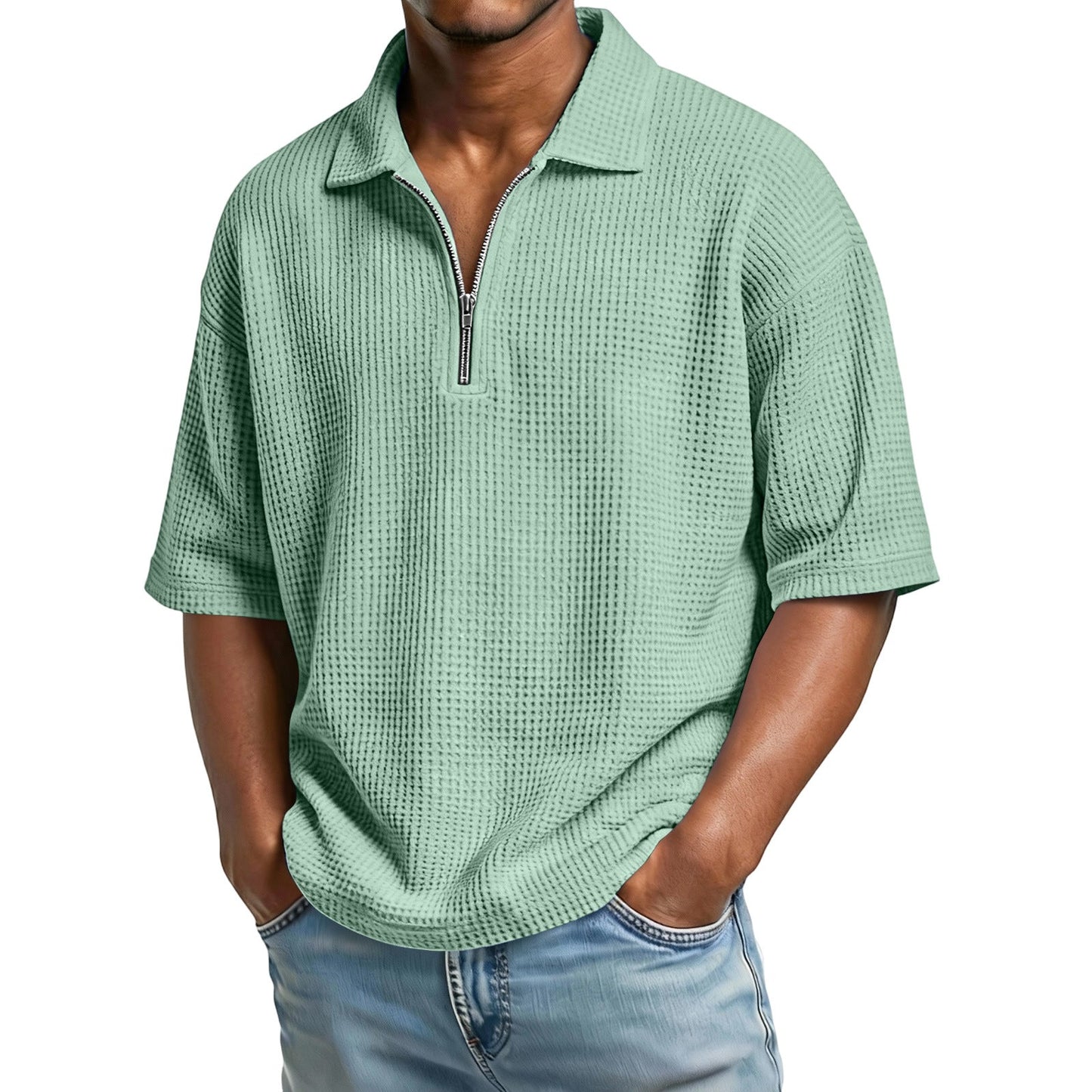 Herren Sommer Waffelstrick Poloshirt – Kurzarm Normale Passform
