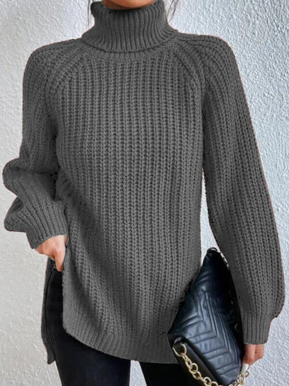 Women's Turtleneck Sweater with Raglan Sleeves and Slit Hem – Cotton Blend