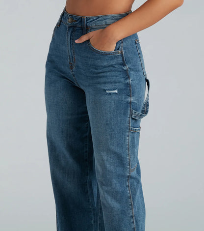 Damen-Jeans mit hoher Taille, blauer Denim, lässiger Schnitt, seitliche Tasche, modisch, bequem, ideal für Freizeitkleidung.