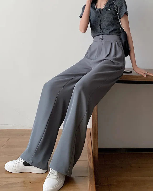 Damen-Hose mit weitem Bein, hoher Taille und geradem Fall
