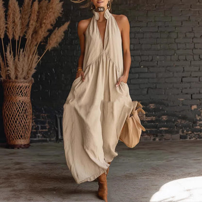Damen-Kleid Im Resort-Stil Mit Stehkragen Und Knopfleiste – Baumwoll-Leinen-Mischgewebe