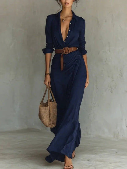 Damen-Herbstkleid Mit Unregelmäßigen Rüschen, Gürtel Und Langen Ärmeln