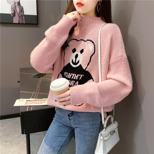 Damen-Herbstpullover mit Bärenmuster und lockerem Strickdesign