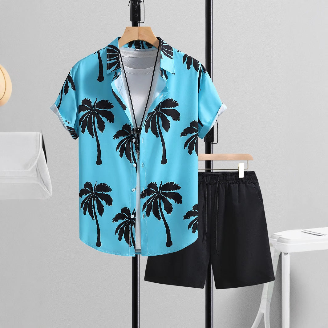 Men's Summer Short Sleeve Shirt and Pants Set Casual Two-Piece Suit Solid Color Lightweight Outfit