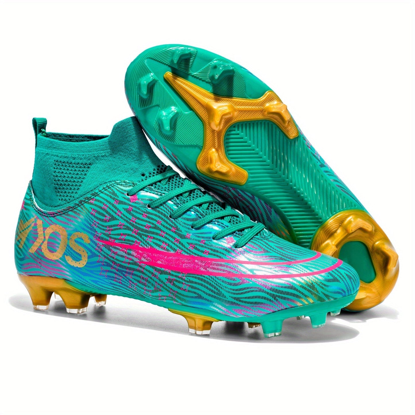Grüne Fußballschuhe mit pinken und goldenen Akzenten, Stollenschuhe für Rasen, modernes Design, ideal für Fußballspieler, Sportausrüstung.