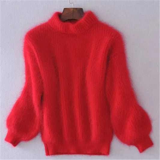 Roter Damenpullover aus Mohair mit Ballonärmeln, weicher Strick, modischer Winterpullover, warm und stilvoll, ideal für kalte Tage.