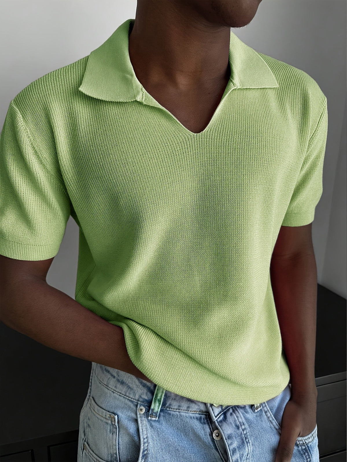 Rippstrick Poloshirt Mit Offenem V Ausschnitt