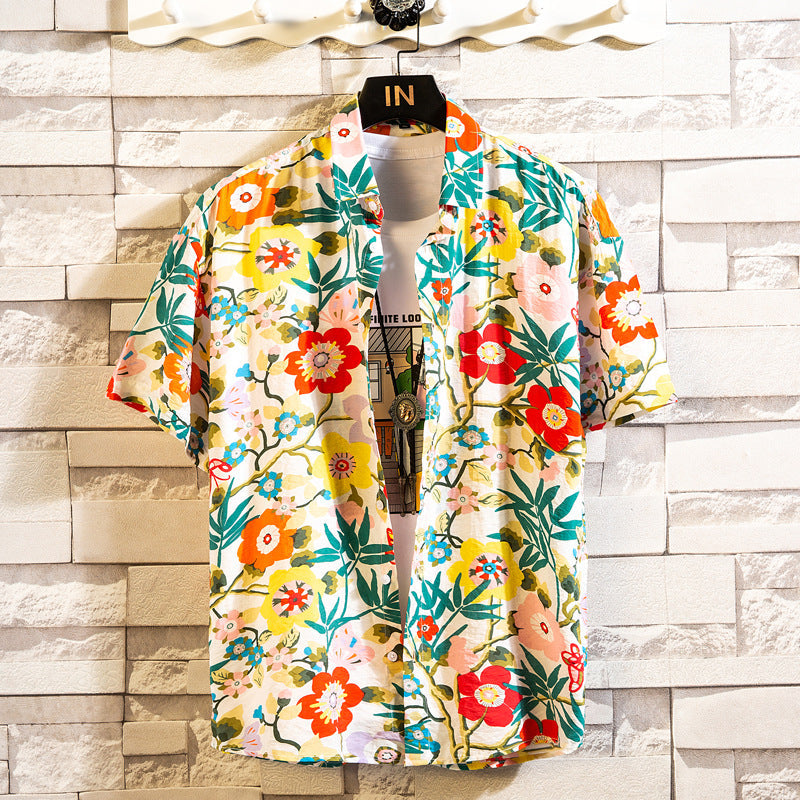Herren Sommerhemd Mit Blumenmuster, Kurzarm, Reverskragen, Schmaler Passform, Cardigan-Stil, Mehrfarbig