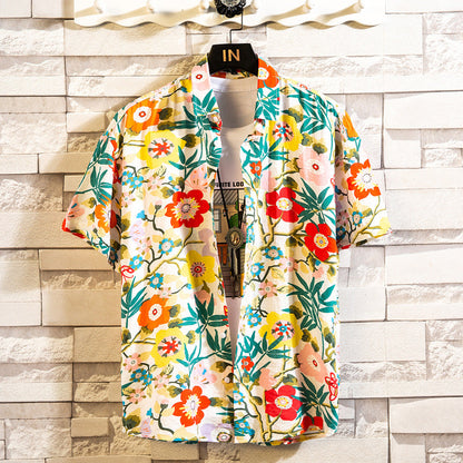 Herren Sommerhemd Mit Blumenmuster, Kurzarm, Reverskragen, Schmaler Passform, Cardigan-Stil, Mehrfarbig