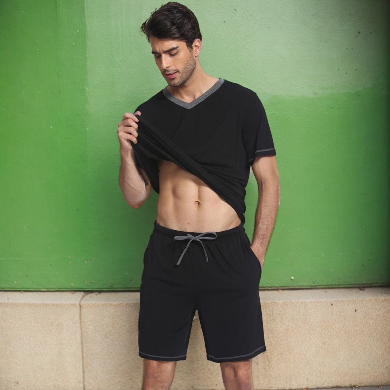 Herren Sommer Kurzarm Zweiteiler Shorts Set Aus Milchseide, Leicht, Verschiedene Farben
