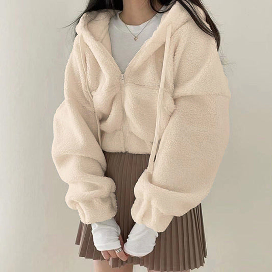 Damen Winterjacke aus Lammwoll-Mix mit Stehkragen, kurz und einfarbig