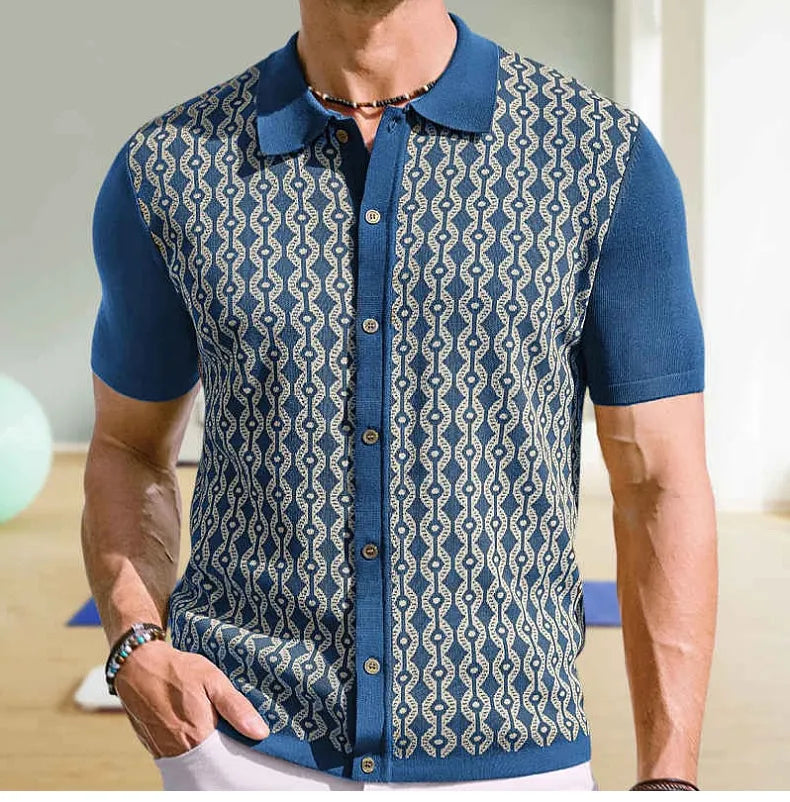 Herren-Cardigan Mit Kurzen Ärmeln, Reverskragen, Geometrischem Jacquard-Muster, Beflockt, Knopfleiste