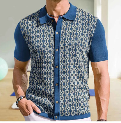 Herren-Cardigan Mit Kurzen Ärmeln, Reverskragen, Geometrischem Jacquard-Muster, Beflockt, Knopfleiste