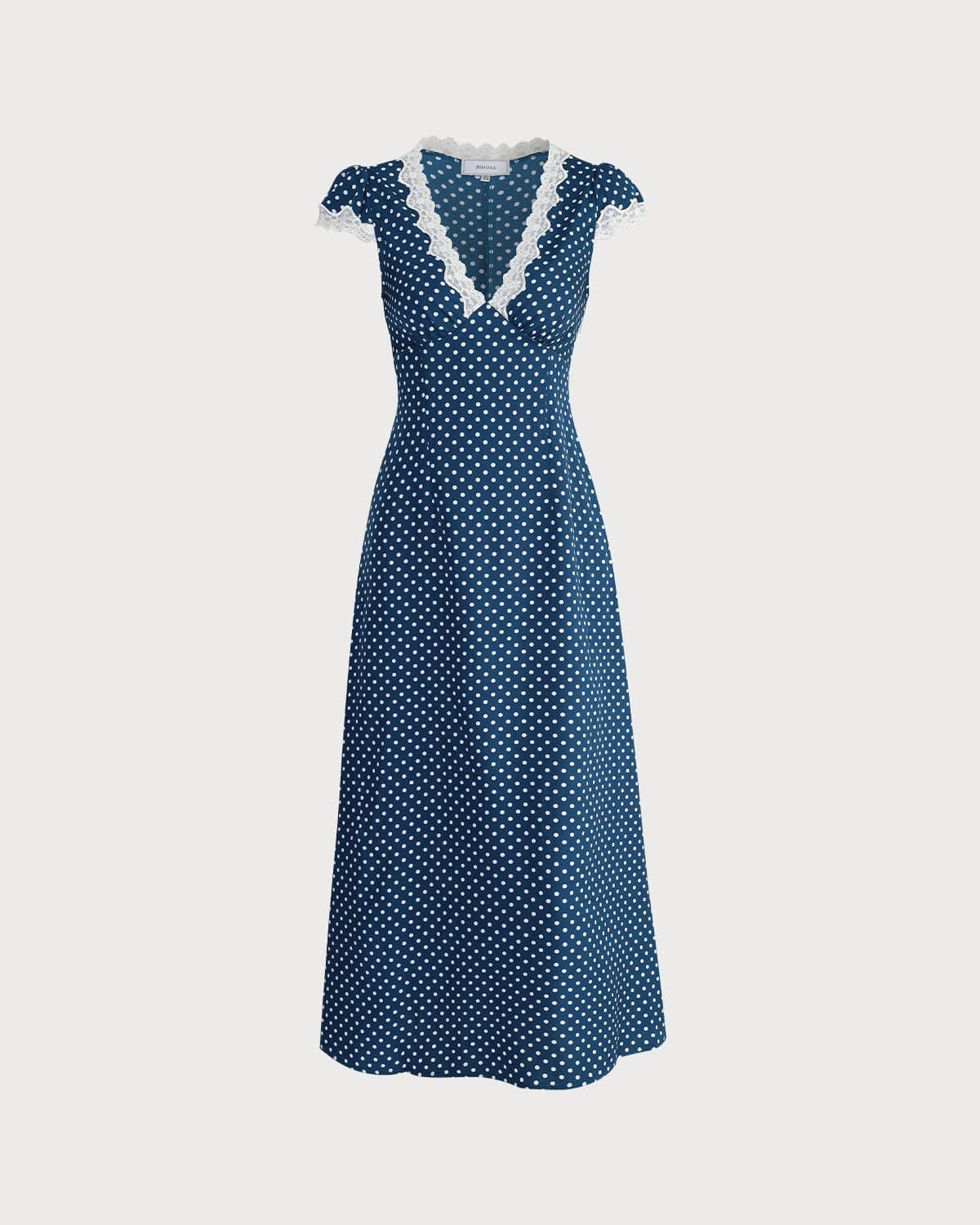 Damen Maxikleid mit tiefem V-Ausschnitt, Raffung, Spitze, Punkte und Flügelärmeln
