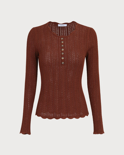 Damen Schlanker Strickpullover für den Herbst mit Rundhalsausschnitt, Knopfleiste und Wellenkanten