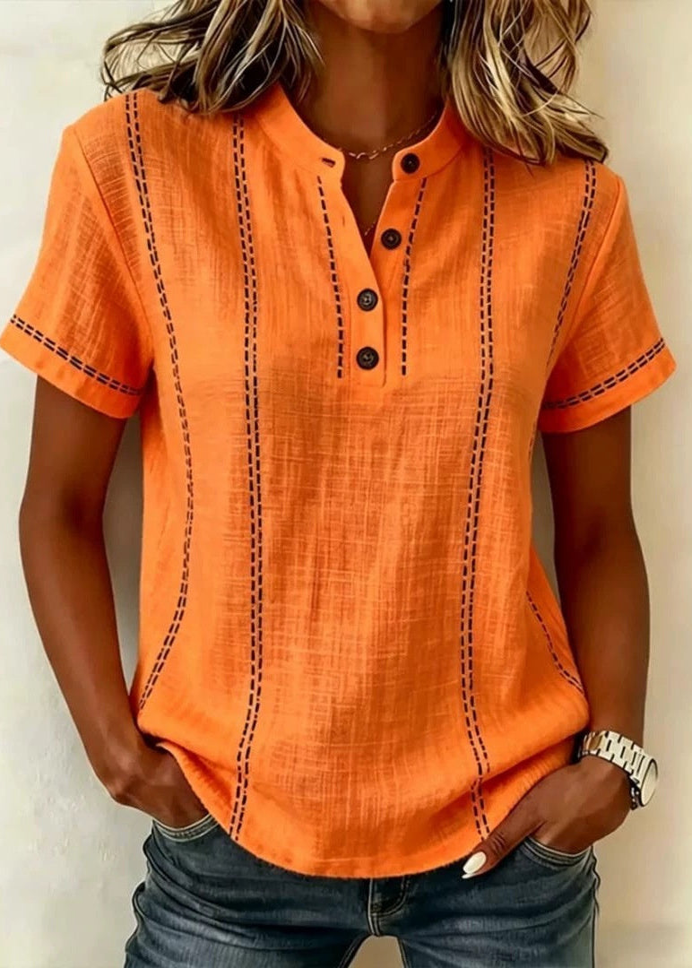 Gestreifte Damenbluse Mit Kurzen Ärmeln, Stehkragen, V-Ausschnitt Und Knopfleiste – Patchwork-Design