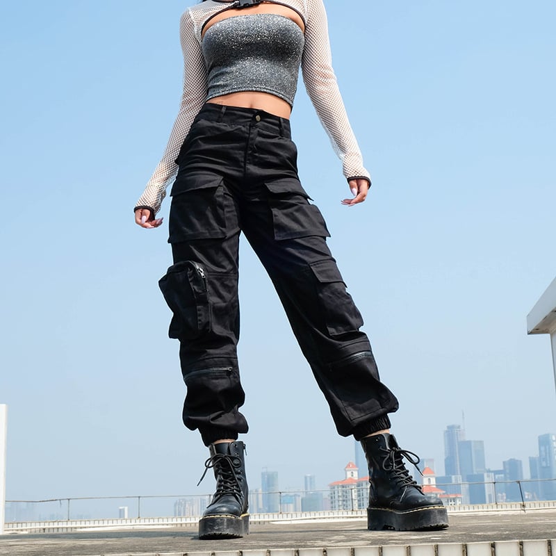 Women's work pants with high waist, multiple pockets, and ankle cuffs