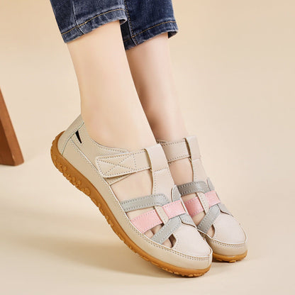 Retro-Sandalen Für Damen Mit Klettverschluss, Flacher Form, Runder Zehenpartie Und Weicher Sohle