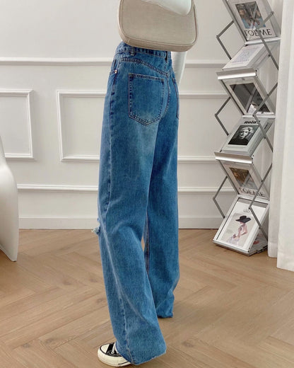 Damen Dunkelblaue Gerade Hose mit weitem Bein und Reißverschlussknopf