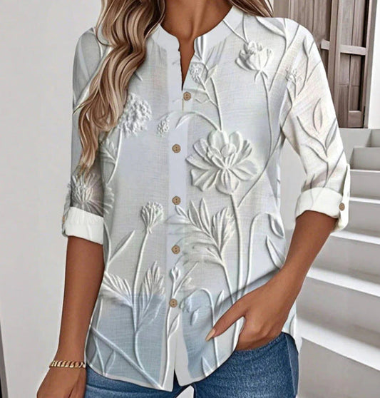 Women's Autumn Shirt with Long Sleeves, Printed Pattern, Button Placket, and Loose Fit
