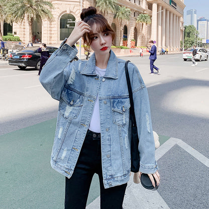 Plus-Size Women's Jacket in Denim Blend with Embroidery and Long Sleeves