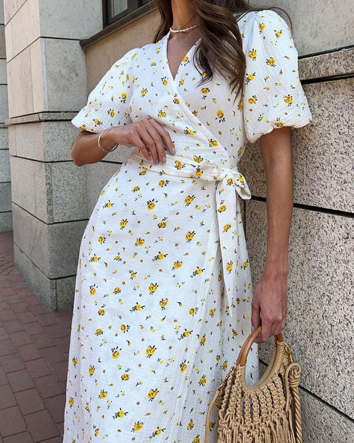 Sommerkleid Für Damen Mit V-Ausschnitt, Floralem Muster, Schnürung, Hoher Taille Und Kurzen Ärmeln