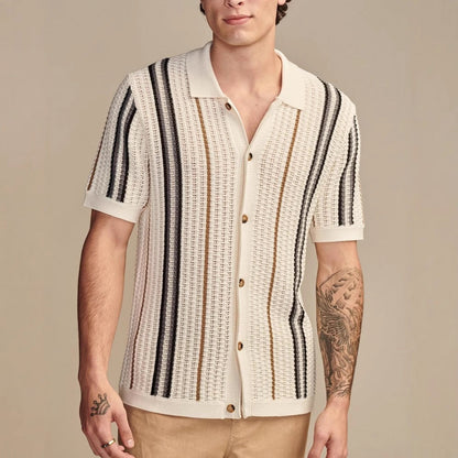 Herren Sommer Gestreifter Strick-Polo-Cardigan Mit Kurzen Ärmeln Im Britischen Stil
